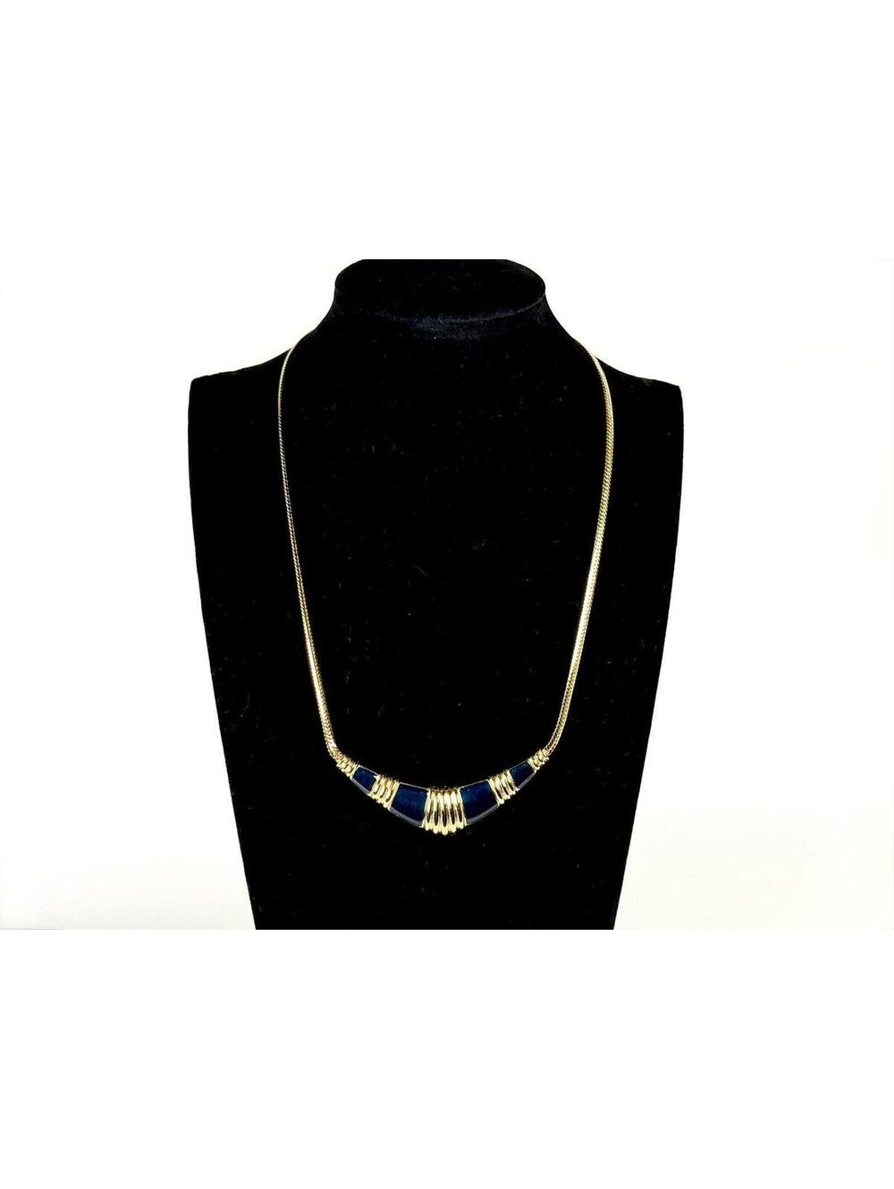 Avon Vintage Gold Herringbone Navy Blue Enamel Cleopatra Bib Necklace 1970s